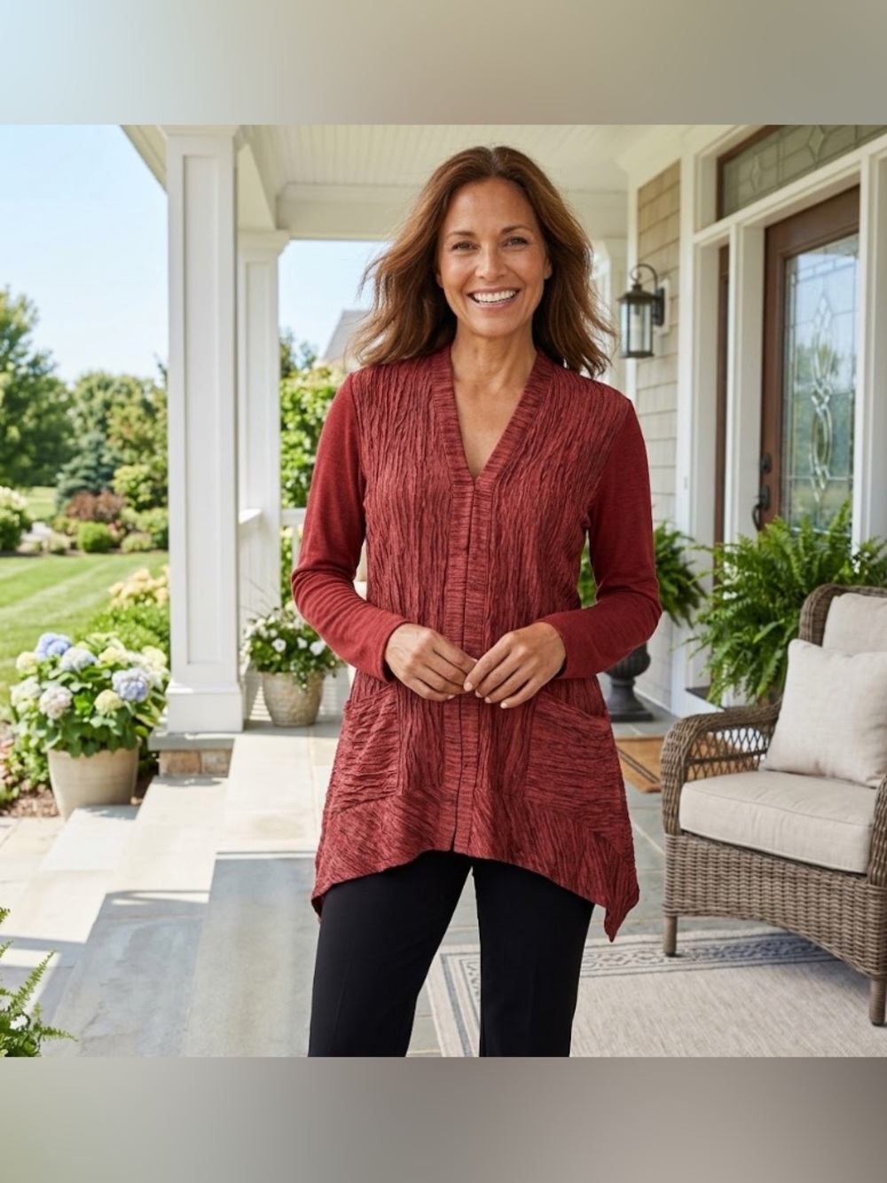LOGO® by Lori Goldstein Women’s Crinkle V-Neck Sweatshirt Tunic Top Red XL NEW
